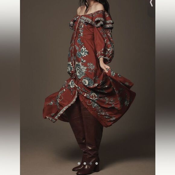 FARM Rio  Long Sleeve Dress Off the Shoulder Ruffle Maxi Dress - Picture 3 of 4